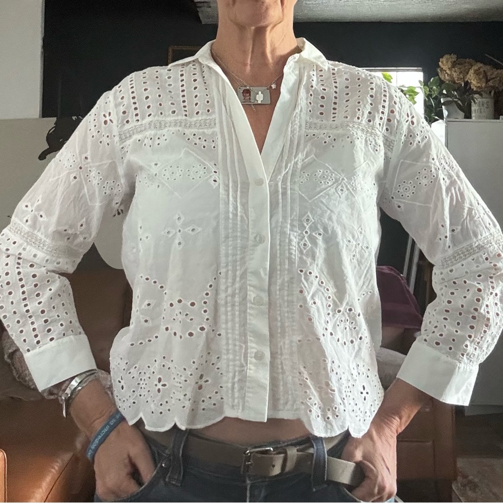 Zara White Eyelet Button-Front Cotton Blouse